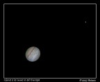 Foto a fuoco diretto su Telescopio Bresser 130/1000 focale equivalente 4500mm. Sono visibili due lune, Europa in alto a destra ed Io che  quel puntino nero che transita sul pianeta in corrispondenza della banda pi grossa, quella di colore rosso. Ciao