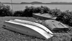 in una passeggiata sul lago in un angolo del parco,abbandonate, dopo aver servito per tanti anni il loro capitano, tre bache che si raccontano delle traversate romantiche, delle pescate, e ora il sole le cuoce per la loro rovina......e noi faremo la stessa fine.....