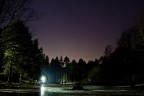 Un lago ghiacciato, un contorno di alberi e un cielo stellato. La bellezza dell'inverno.