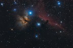 Questa  un'immagine che ho realizzato a fine estate dell'anno scorso.
Si tratta delle nebulose Testa di Cavallo, Fiamma e NGC 2023 nella costellazione di Orione.
Ho usato la D500 con su il Tamron 150-600mm G2.
Sono bastati 15 scatti a ISO 2000 - f/6,3 - 40sec. e 41 scatti a ISO 3200 - F/6,3 - 35sec.
Per le correzioni ho fatto 24 flats, 12 darks e 35 bias.
PixInsight e PS CC 2018 per l'elaborazione.
A voi commenti e critiche